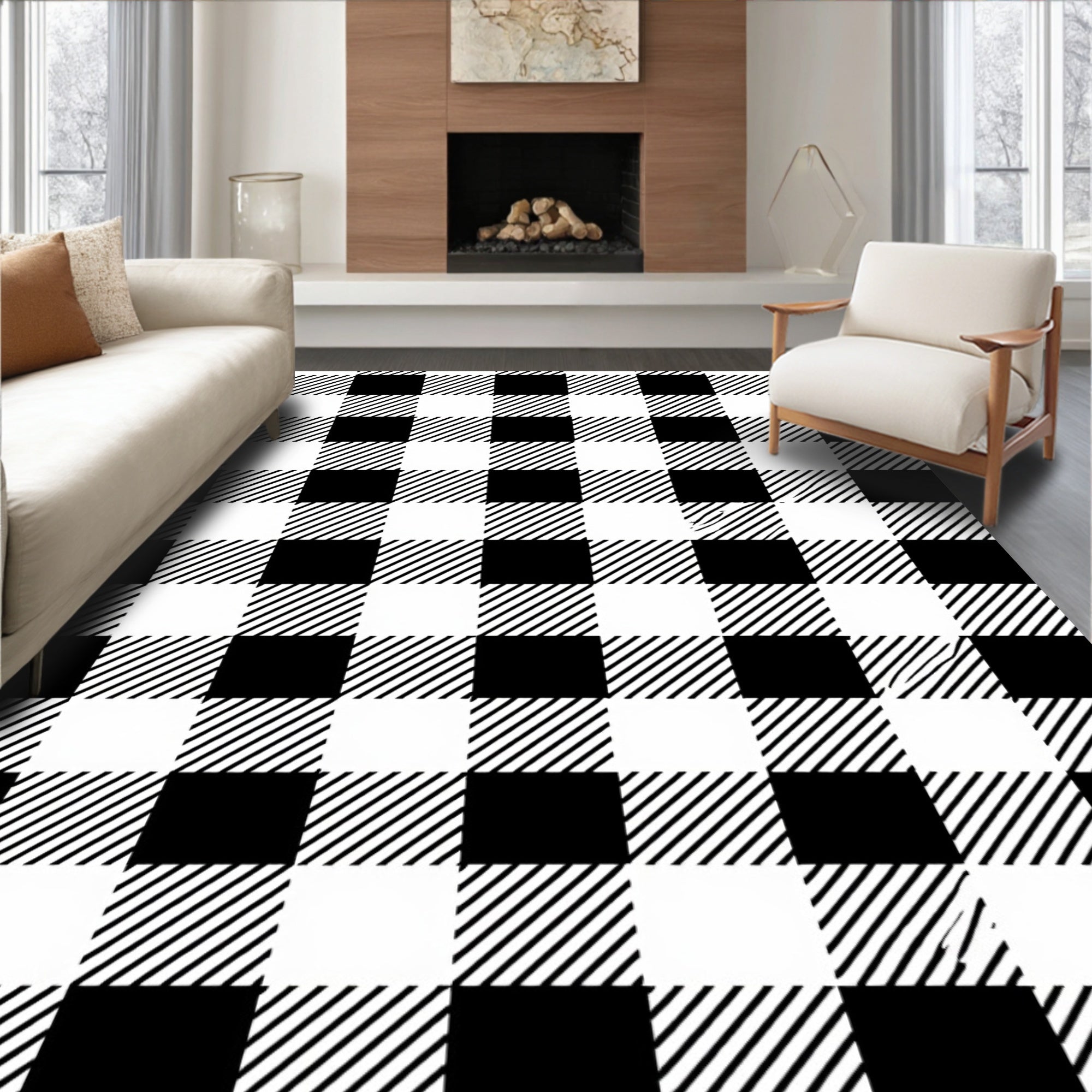 Black White Checked Plaid Pattern Rug