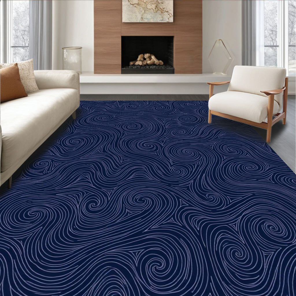 Swirling Navy White Abstract Pattern Rug