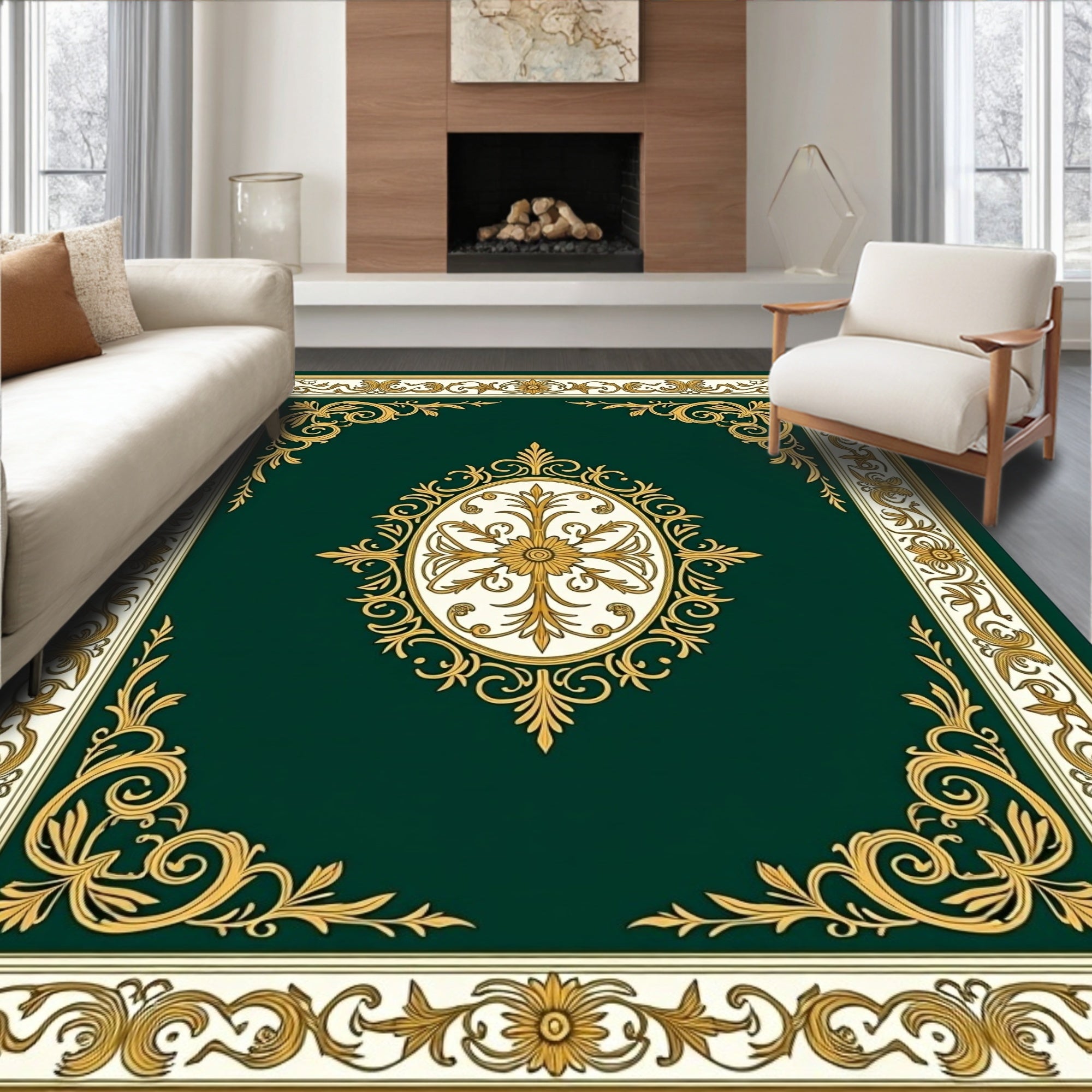 Ornate Gold Floral Green Scroll Rug