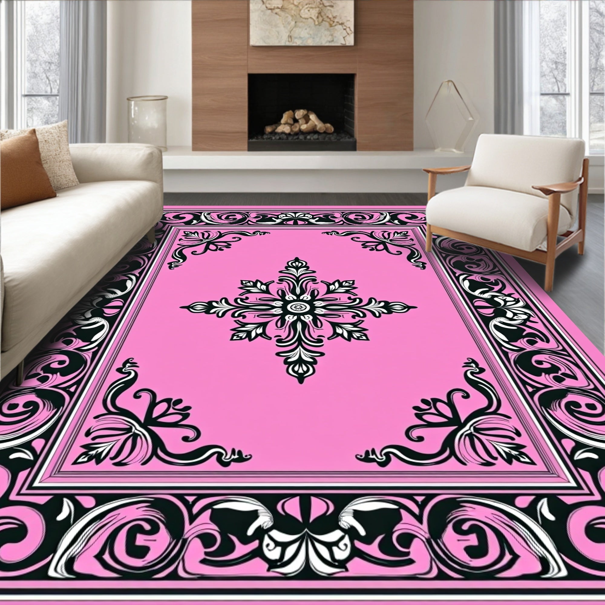 Pink Floral Baroque Classic Pattern Rug