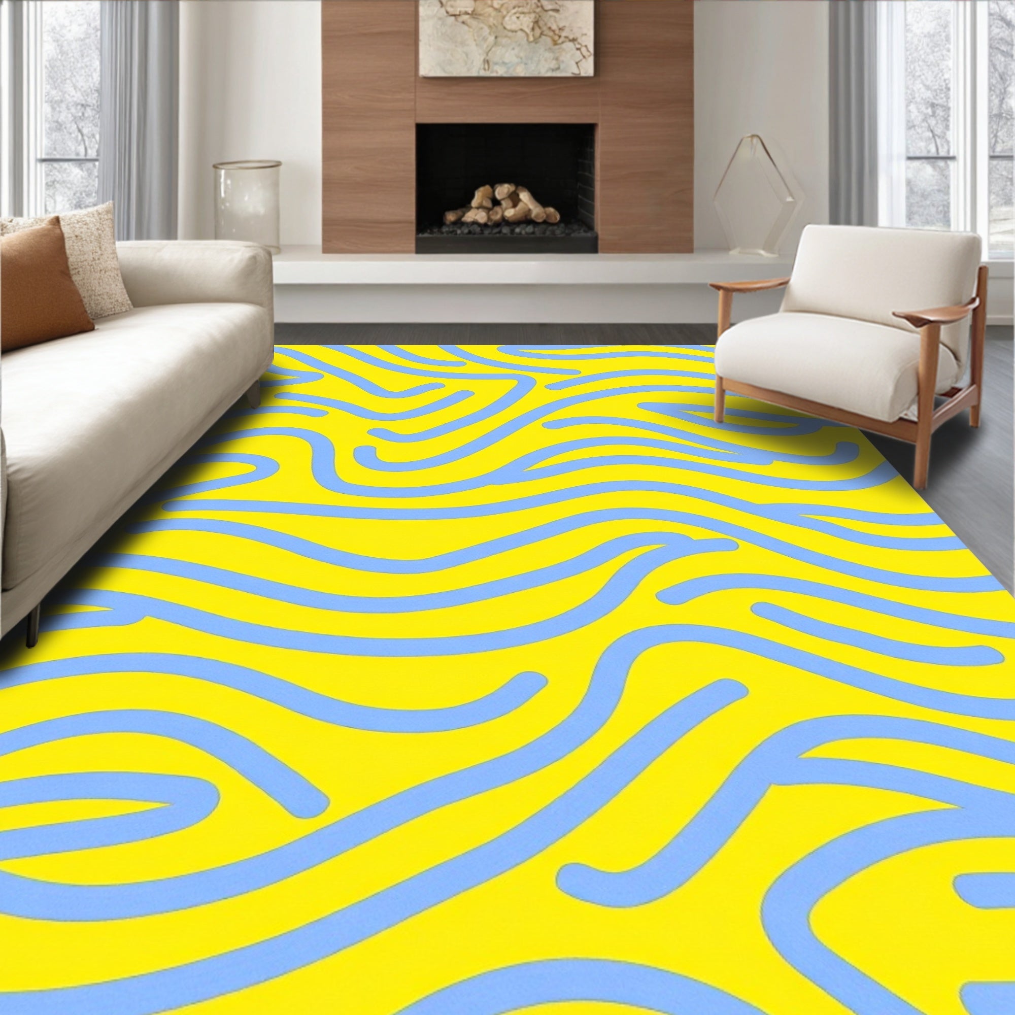 Wavy Blue Lines Yellow Pattern Rug