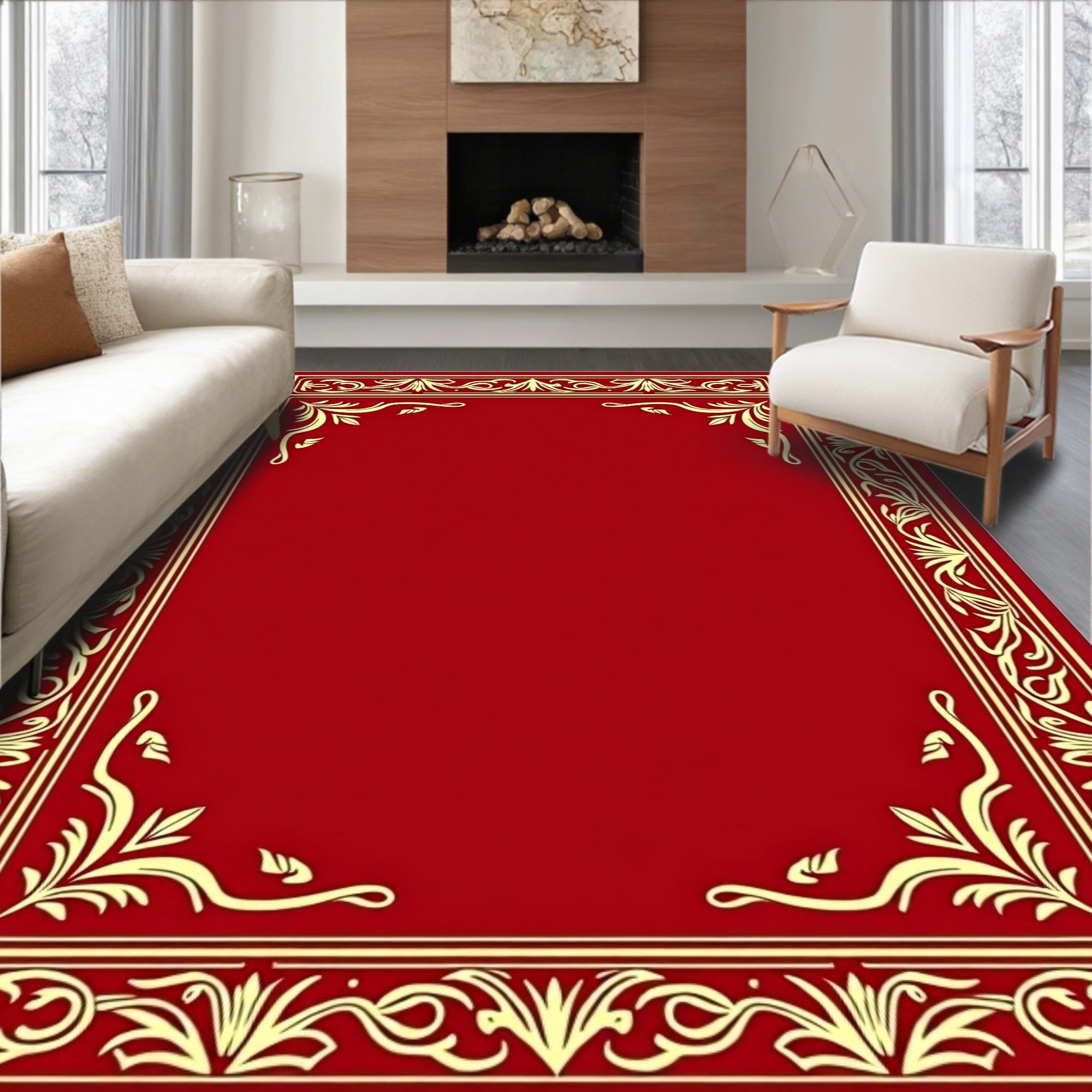 Ornate Golden Floral Red Border Rug