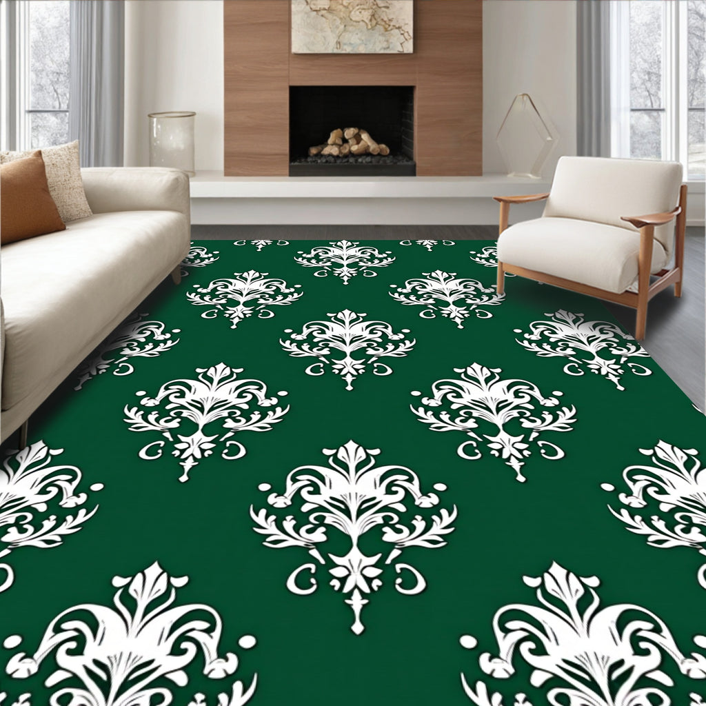 Ornate White Damask Emerald Repeating Rug