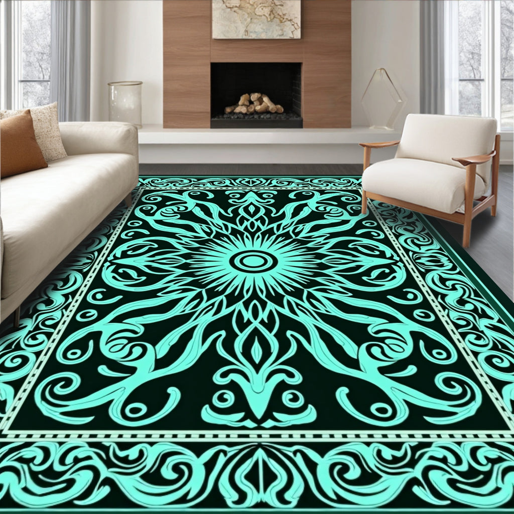 Ornate Teal Sunburst Pattern Design Rug