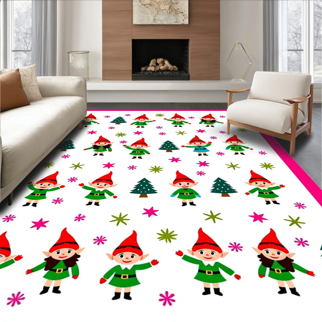 Festive Elves And Pine Trees Illustration Rug