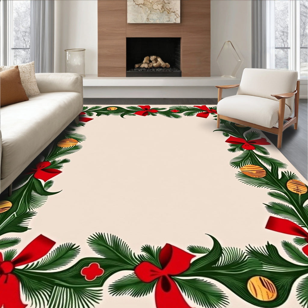 Festive Green 2 Red Bow Pattern Rug