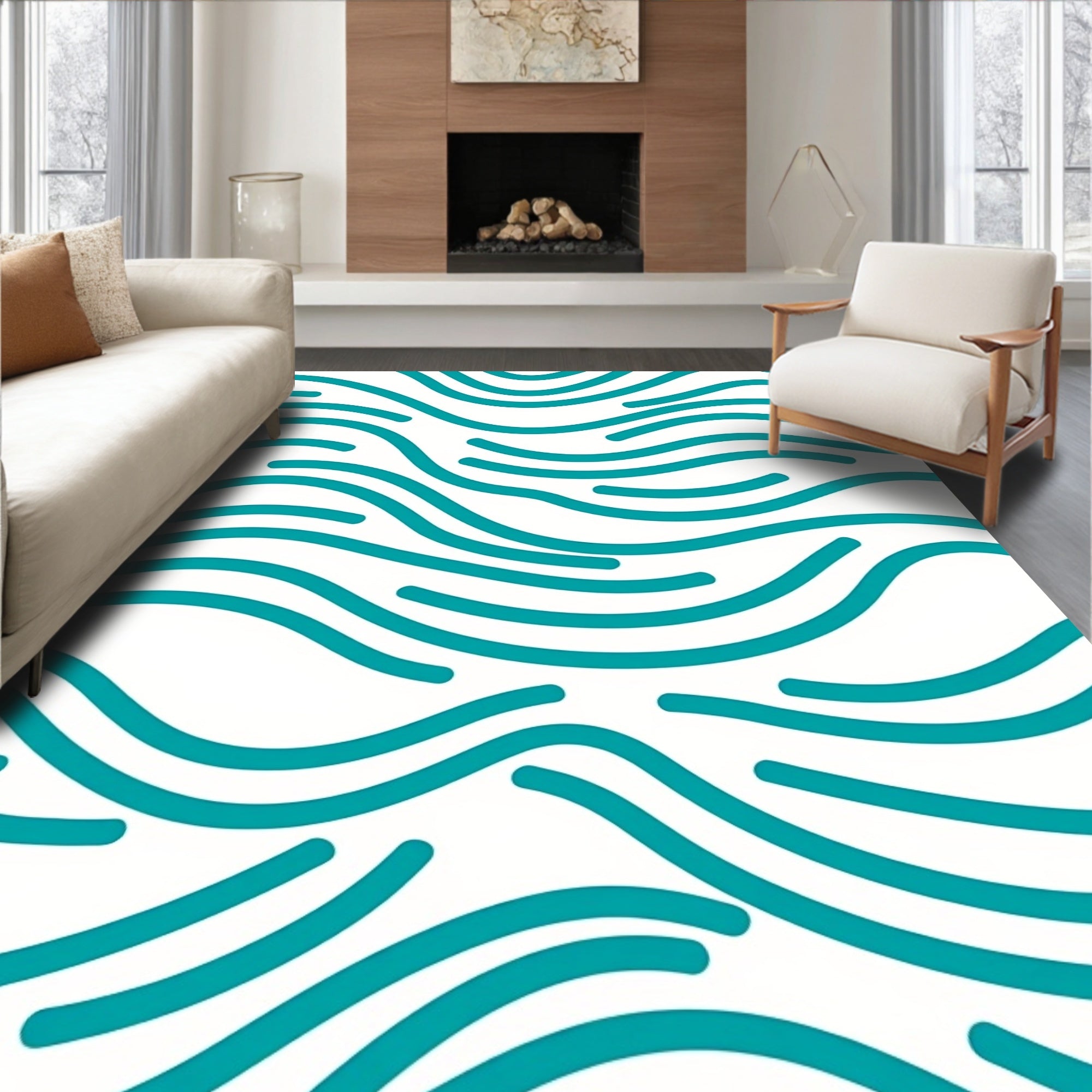 Teal Wavy Line Pattern Rug