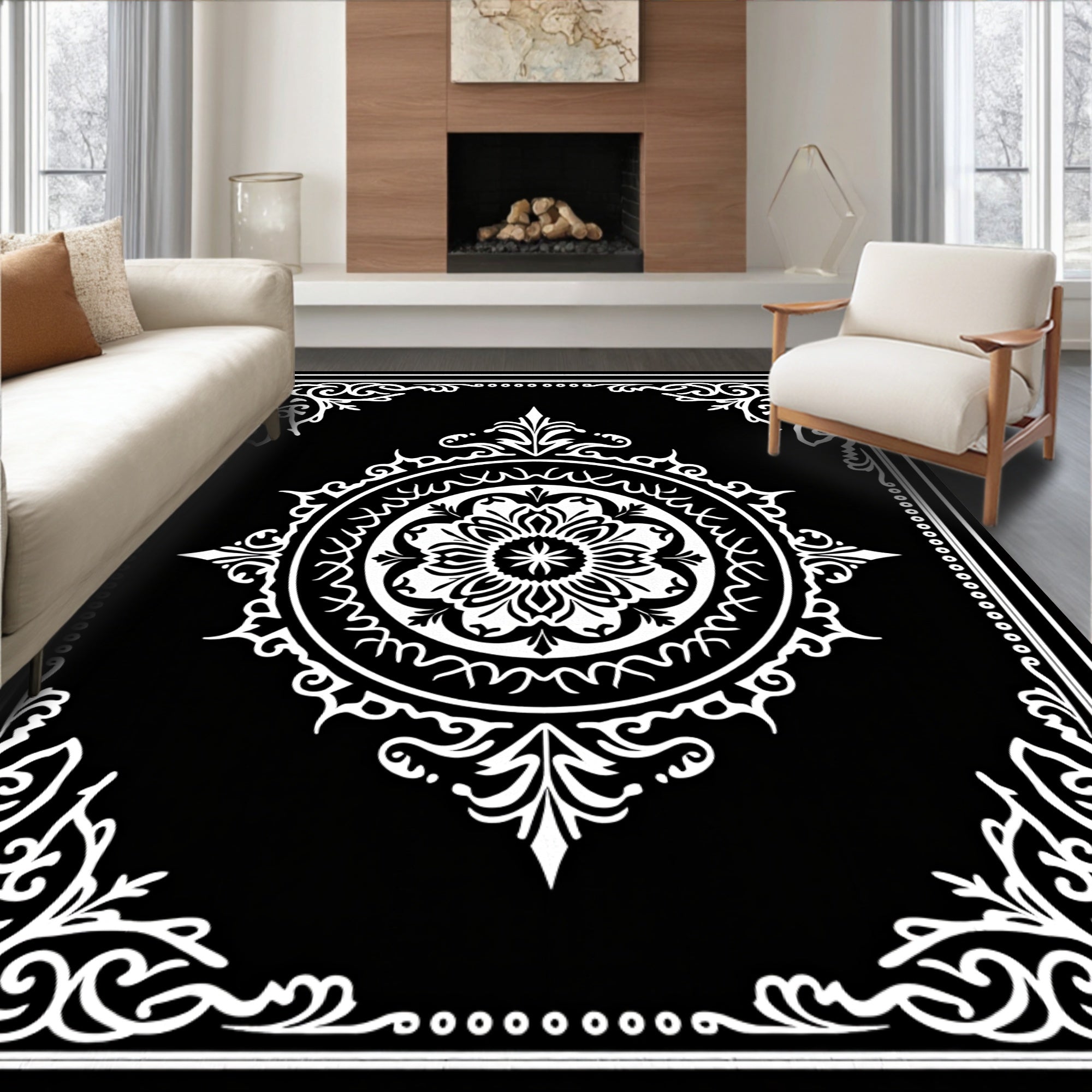 Monochromatic Ornamental Mandala Design Rug