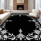 White Floral Vine Border Black Rug