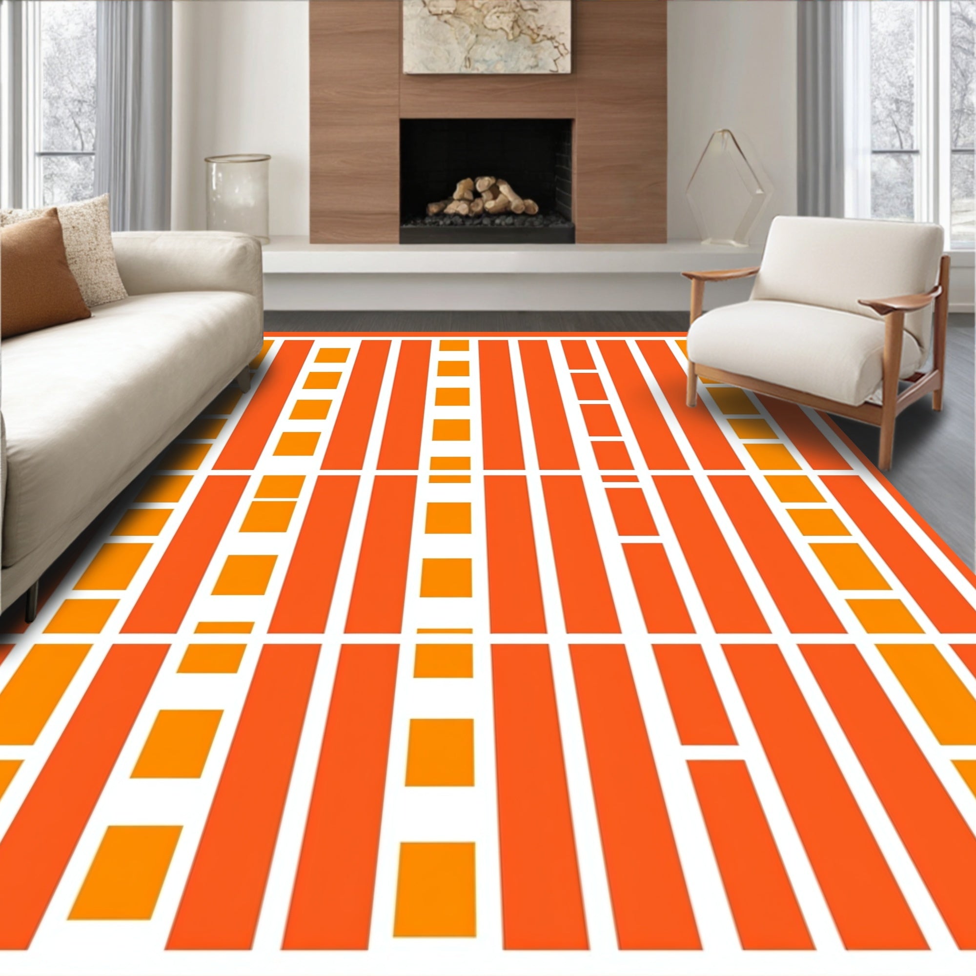 Orange Geometric Stripe Pattern Rug