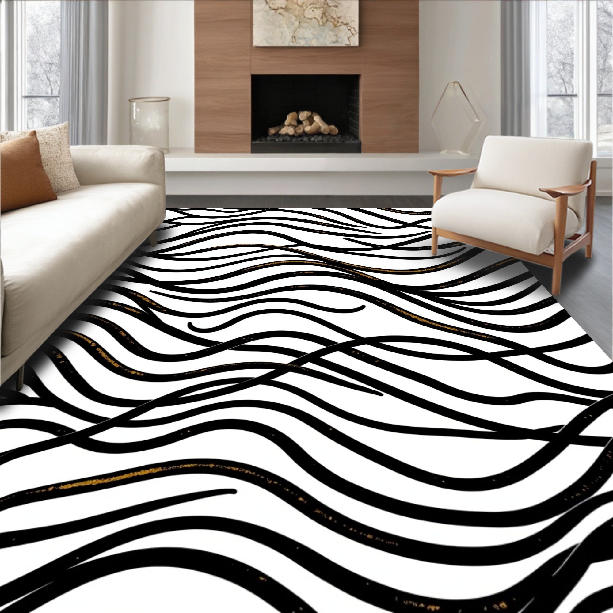 Abstract Black Gold Waves Rug