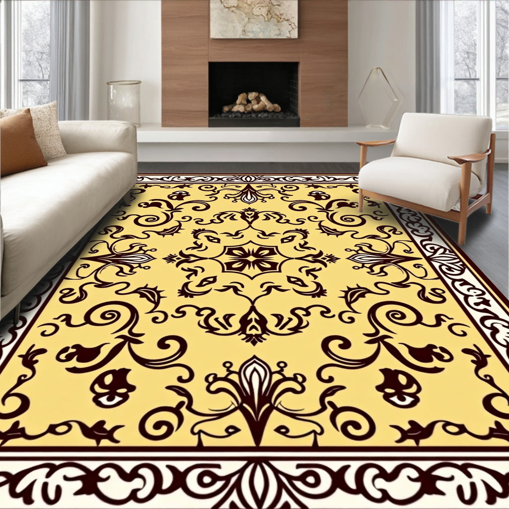 Elegant Yellow Floral Scroll Pattern Rug