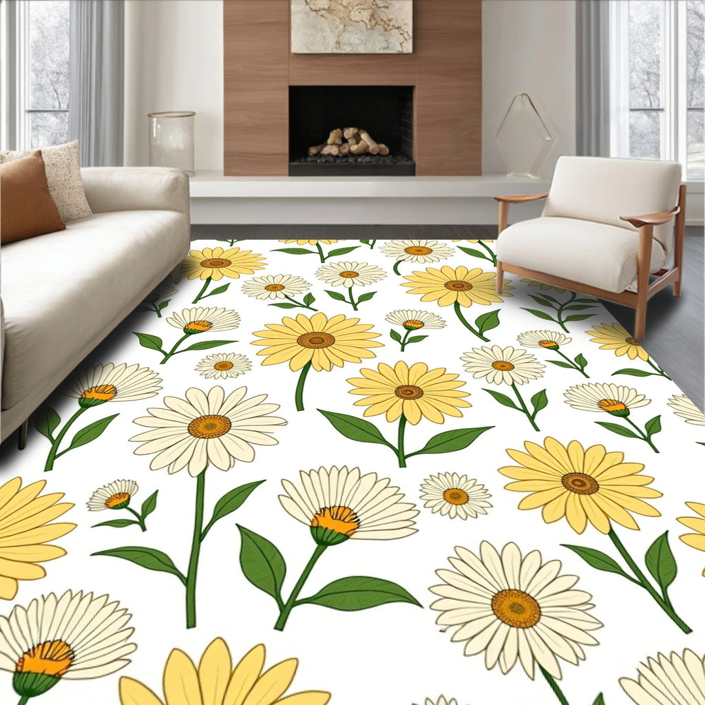 Daisy Floral Pattern In Yellow And White Rug