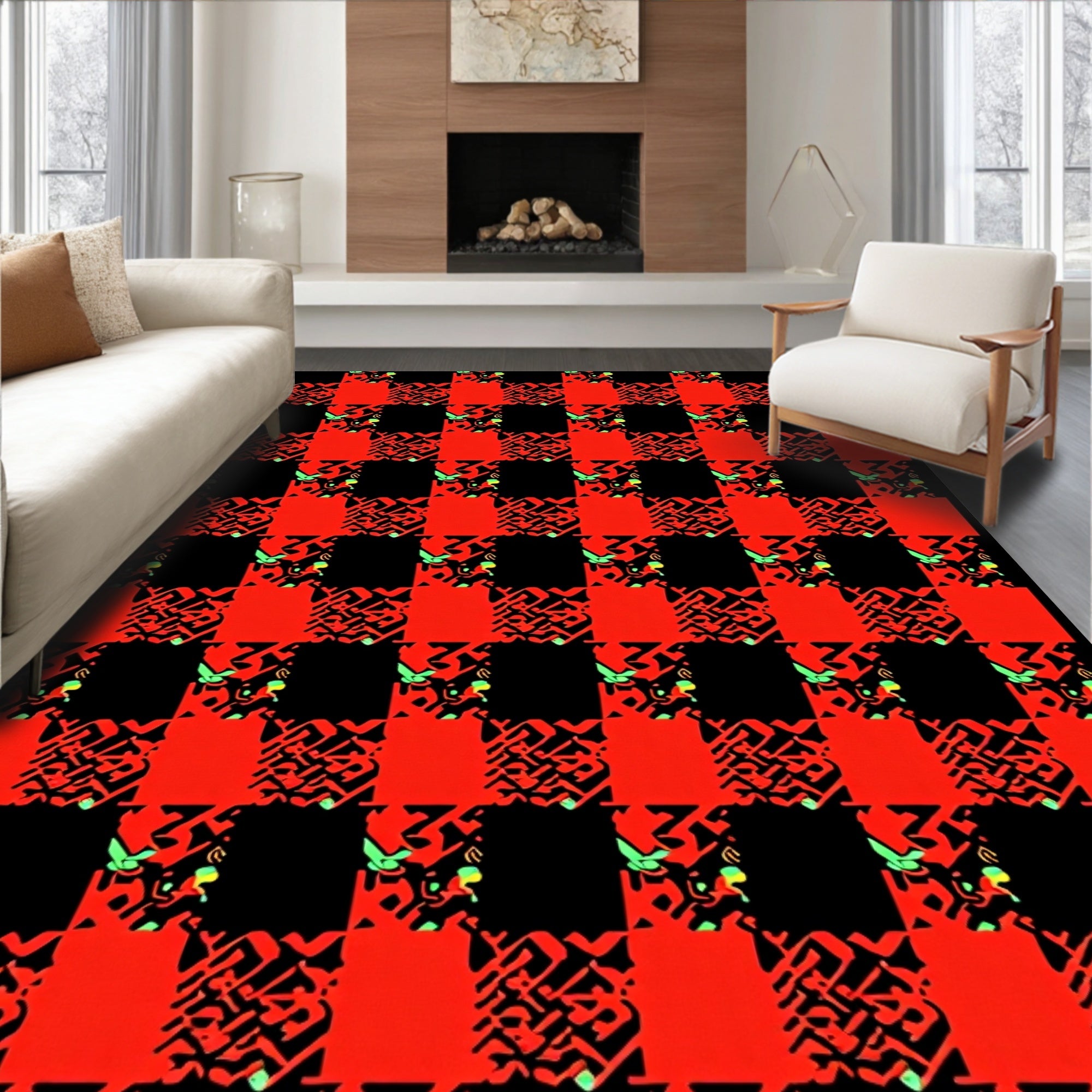 Bold Red Black Checker Abstract Pattern Rug