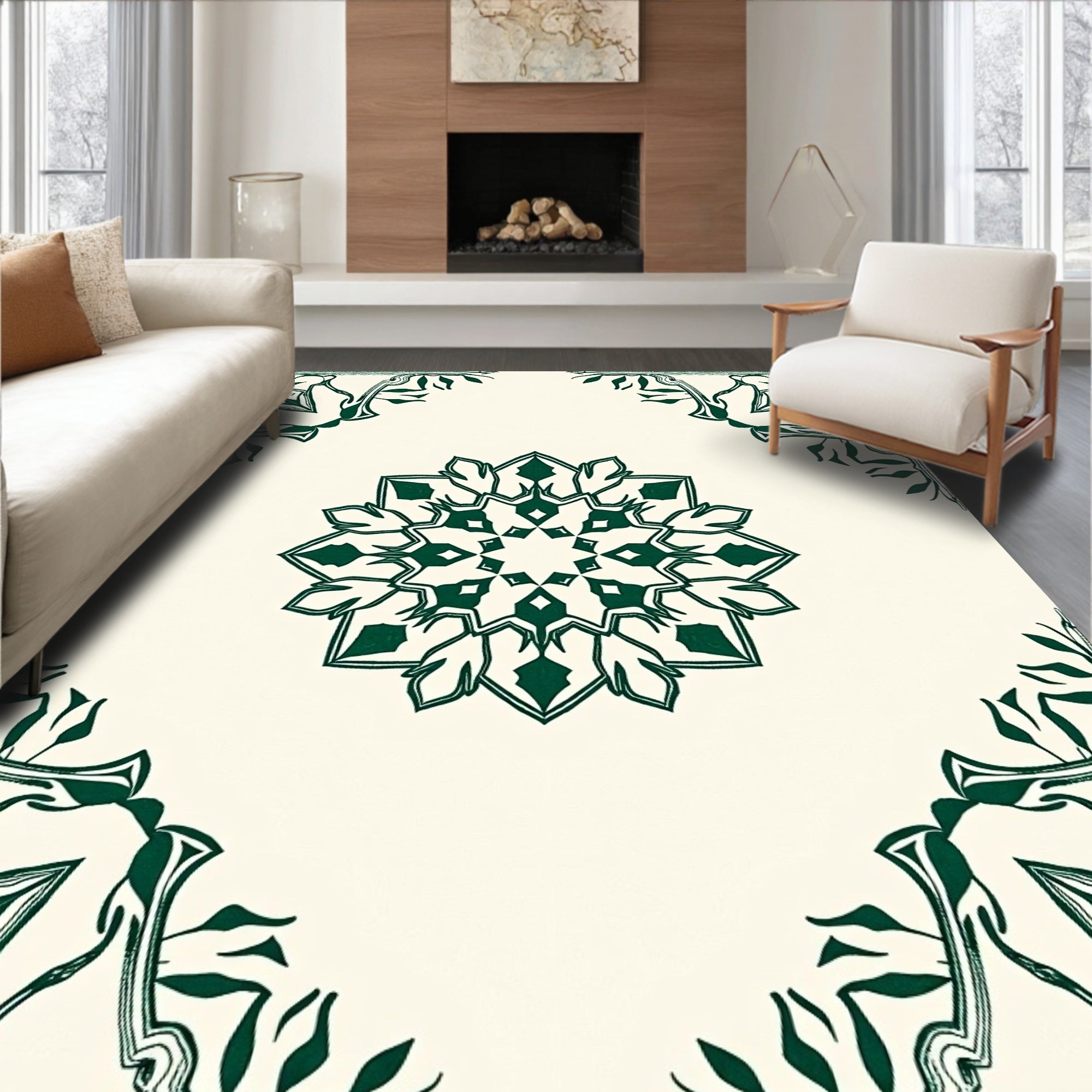 Deep Emerald Floral Mandala Border Rug