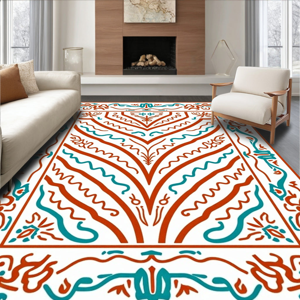 Ornate Coral Teal Abstract Design Rug