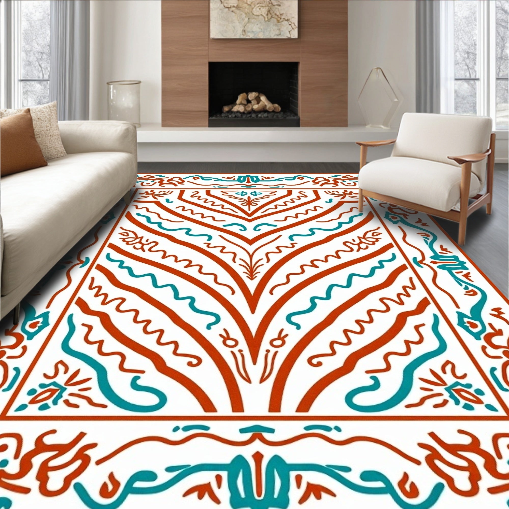 Ornate Coral Teal Abstract Design Rug