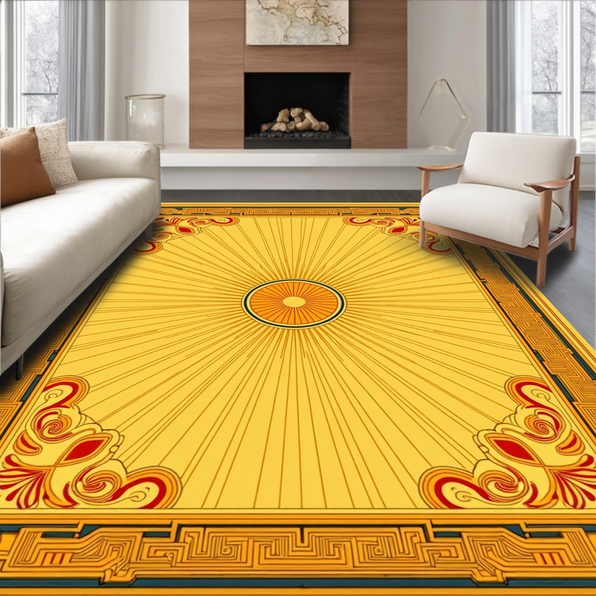 Geometric Sunburst Swirl Border Rug