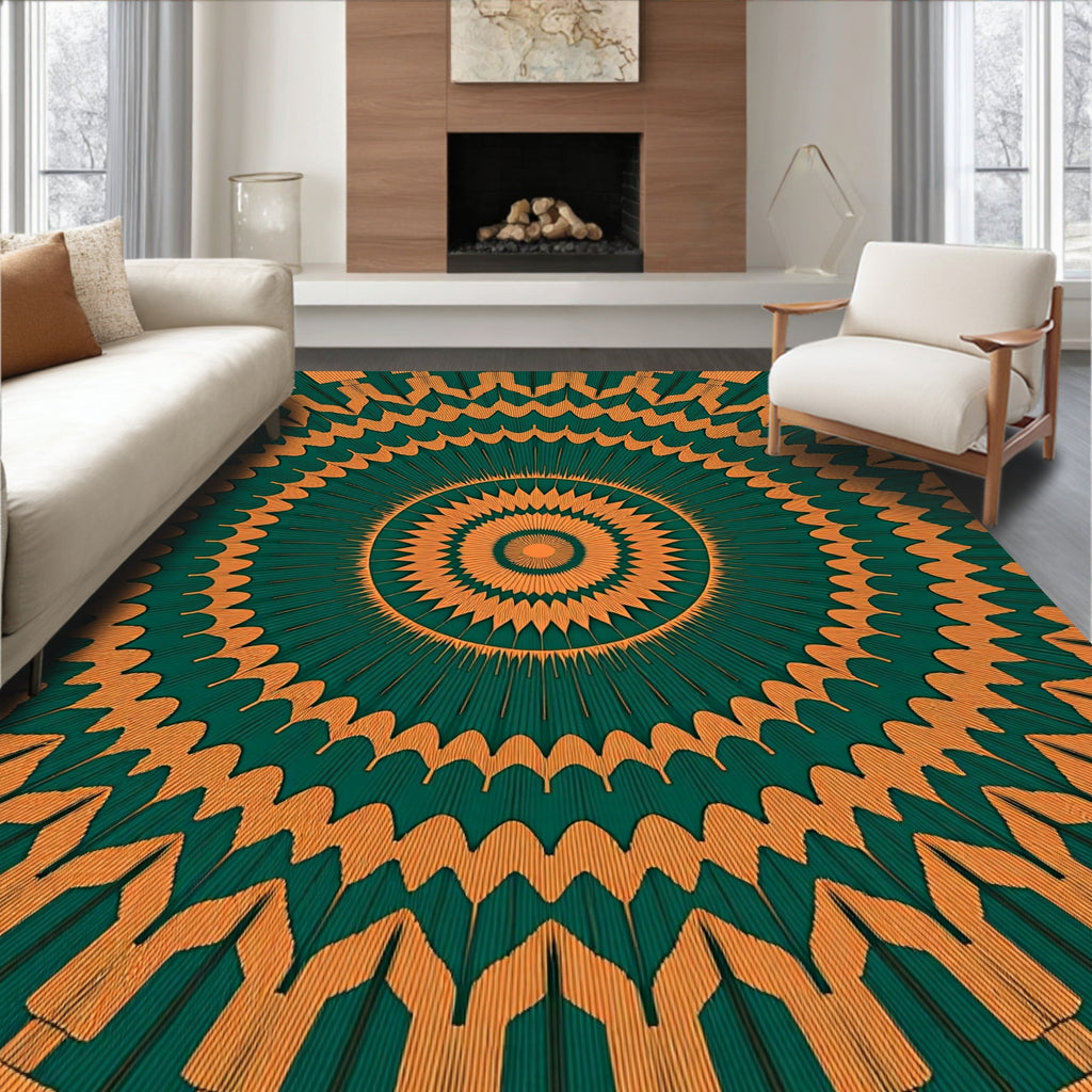 Emerald Orange Sunburst Mandala Rug