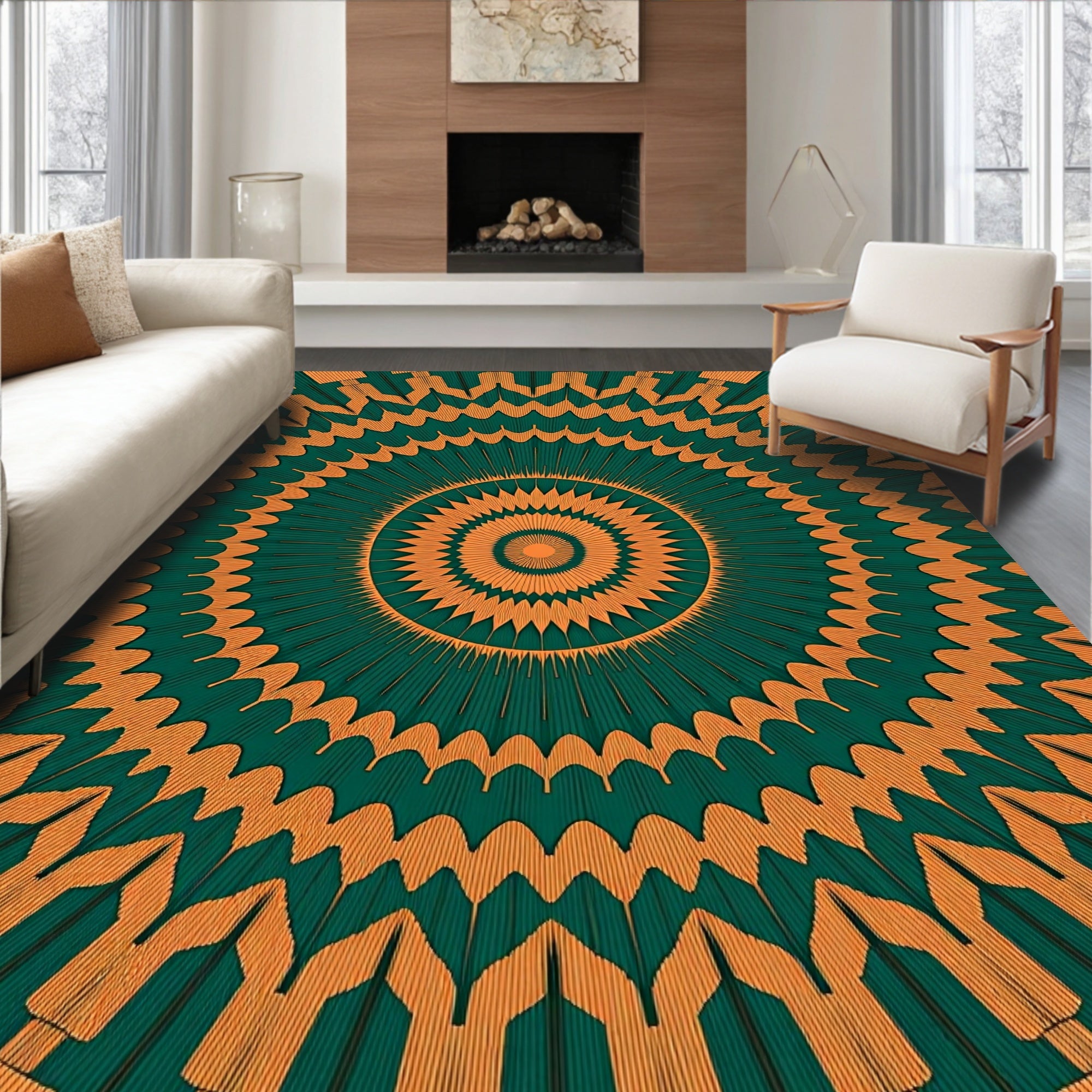 Emerald Orange Sunburst Mandala Rug