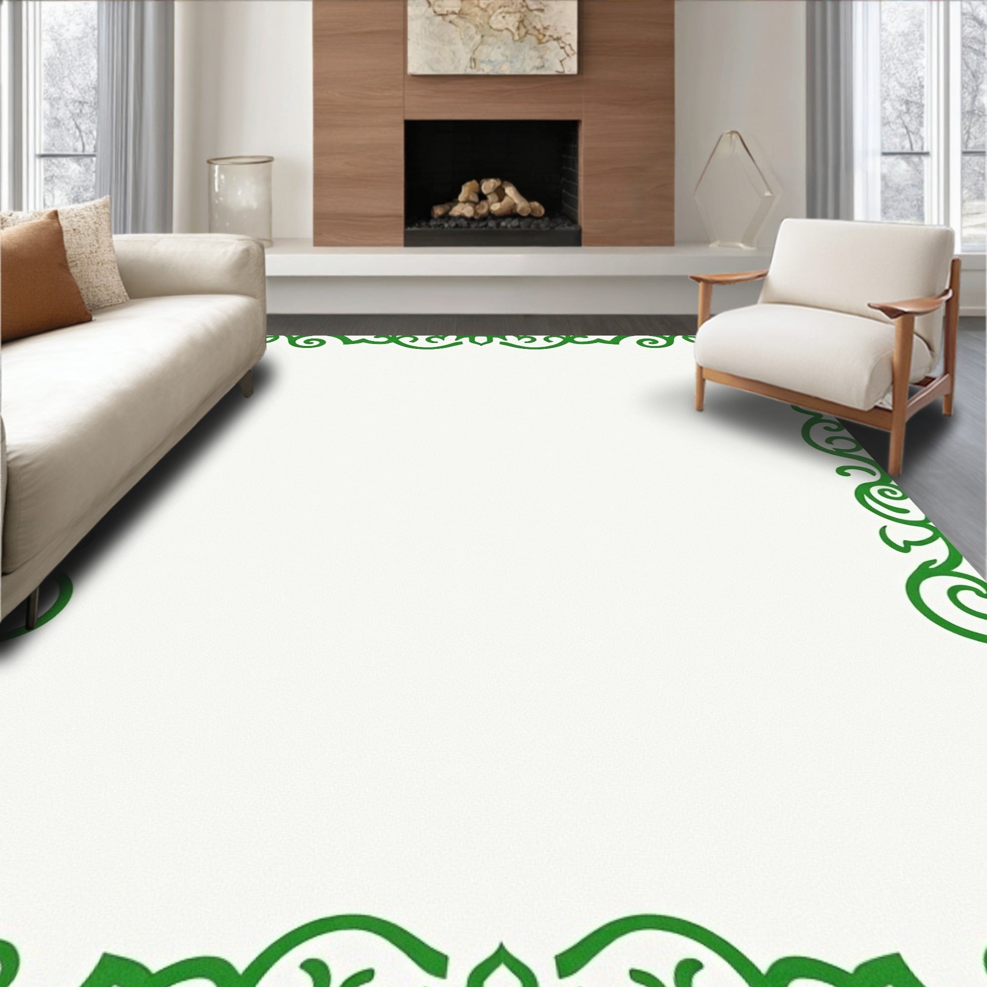 Elegant Green Scrollwork Patterned Rug