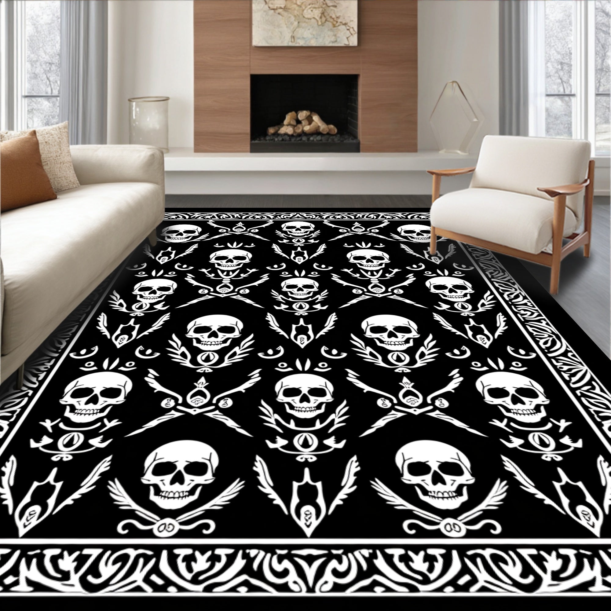 Monochromatic Skull Wing Pattern Rug