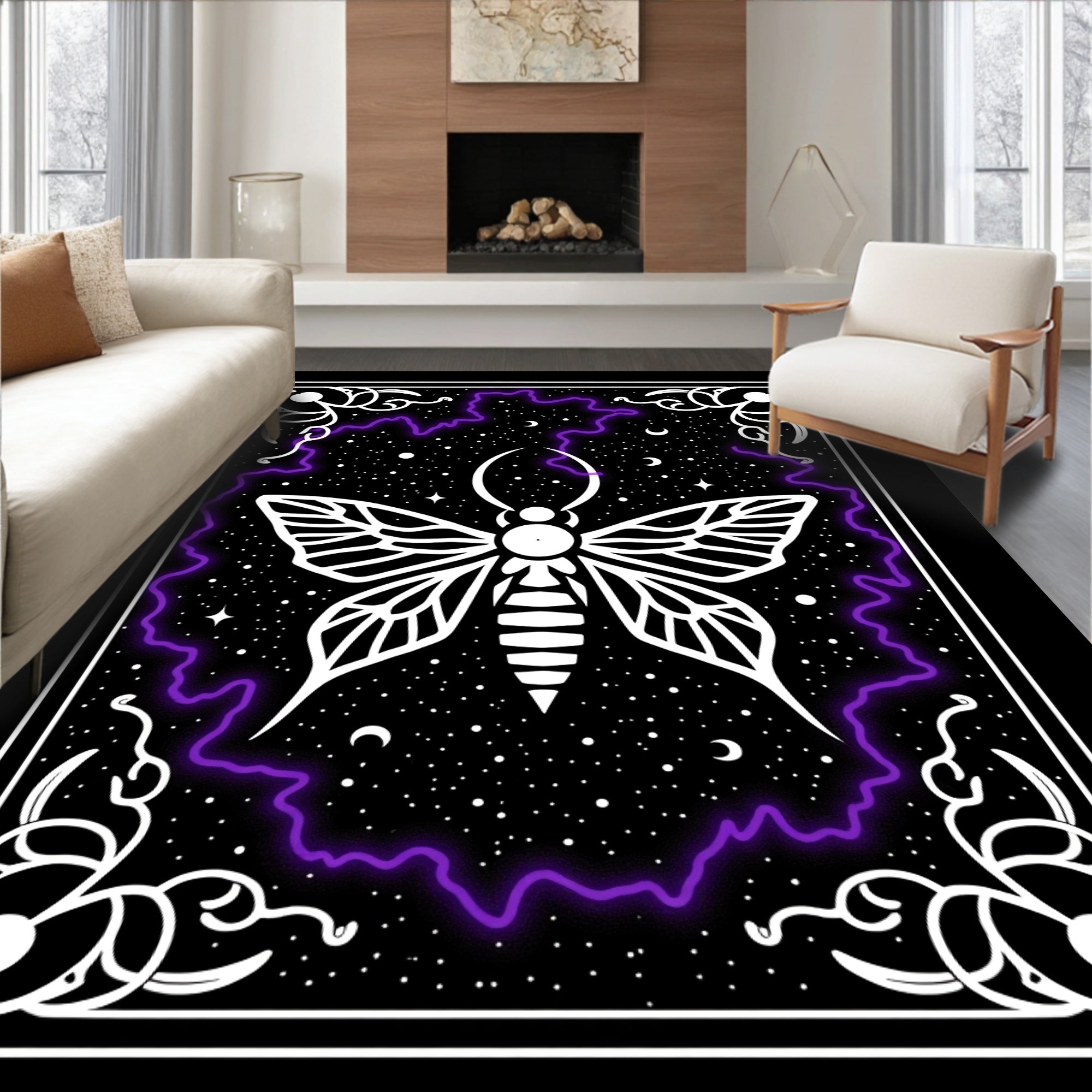 Cosmic Moth With Purple Lightning Border Rug