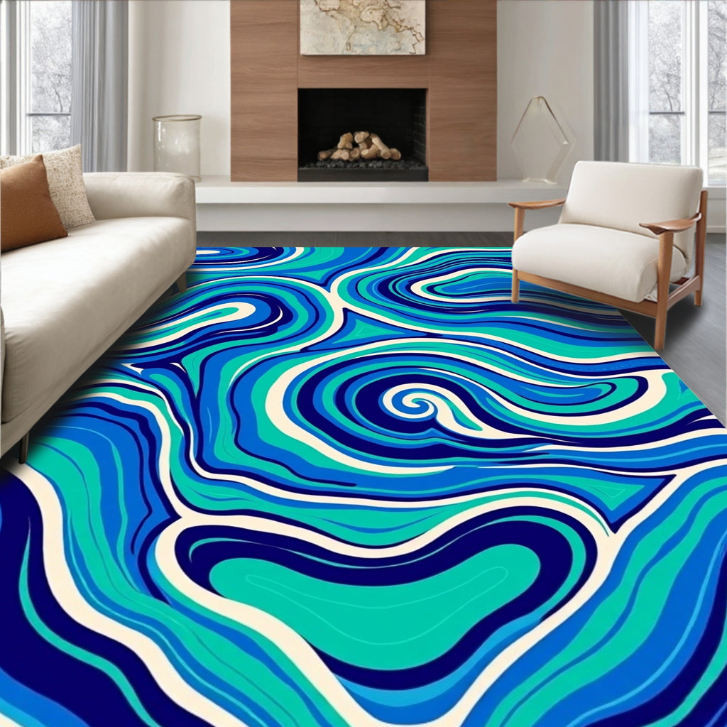 Abstract Swirling Blue Green Cream Rug