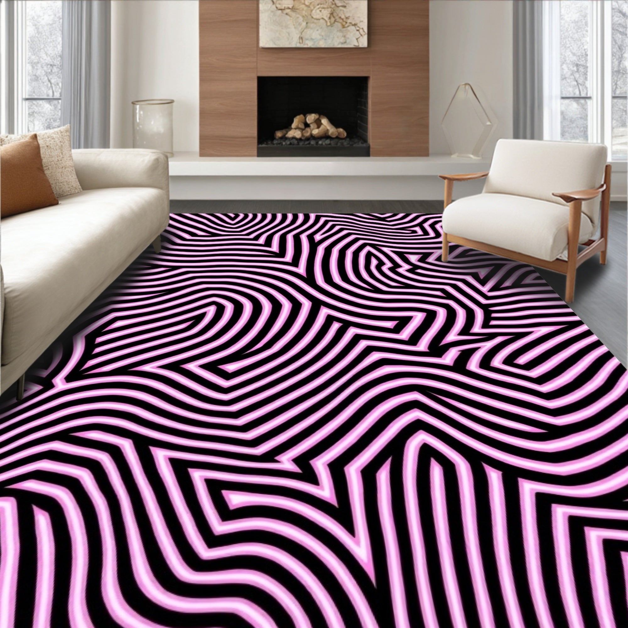 Abstract Pink Geometric Lines Rug