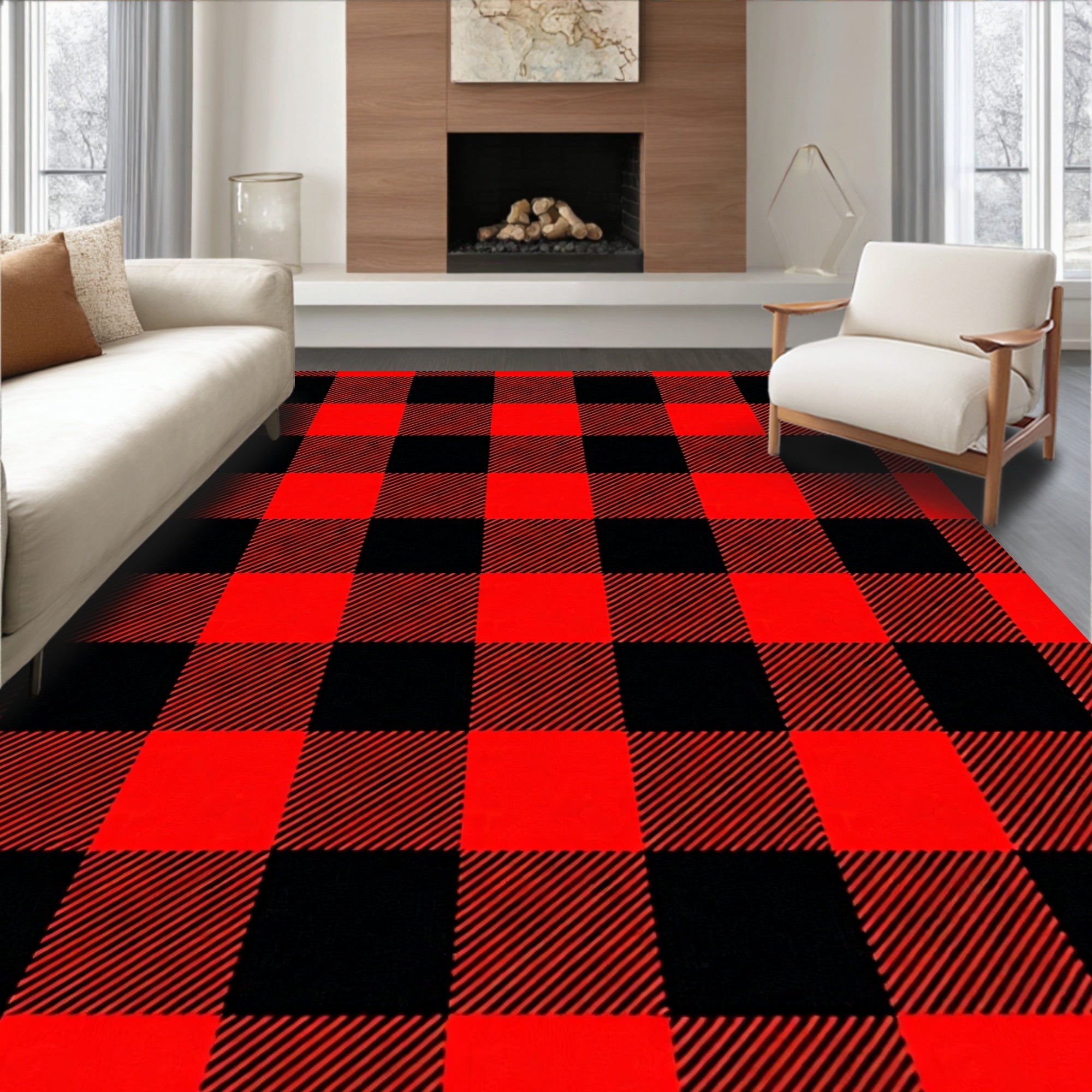 Classic Red Black Checkered Pattern Rug