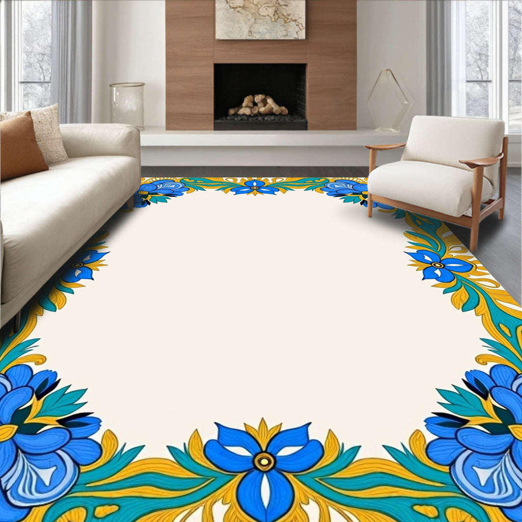 Vibrant Blue Floral Golden Border Rug