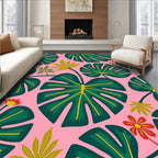 Vibrant Pink Green Tropical Foliage Rug