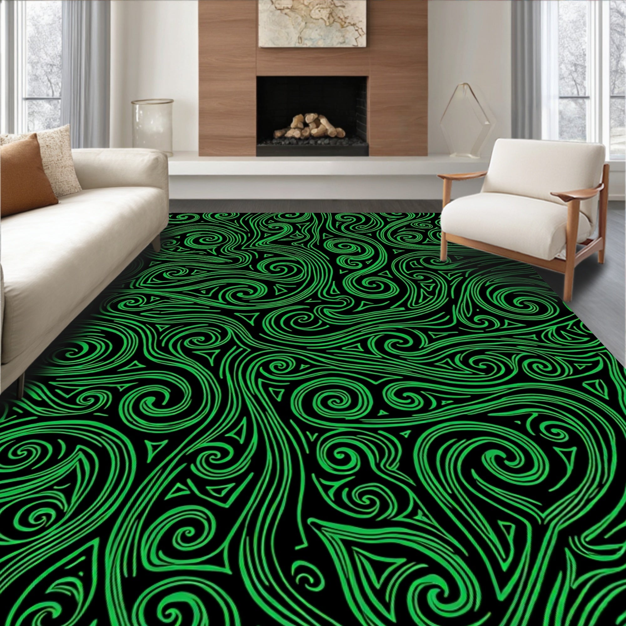 Green Swirls Waves Pattern Rug