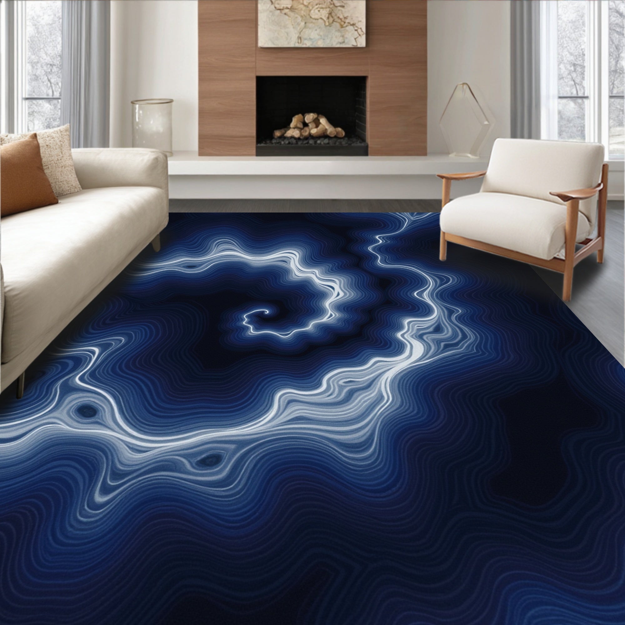Dark Blue Abstract Swirl Pattern Rug