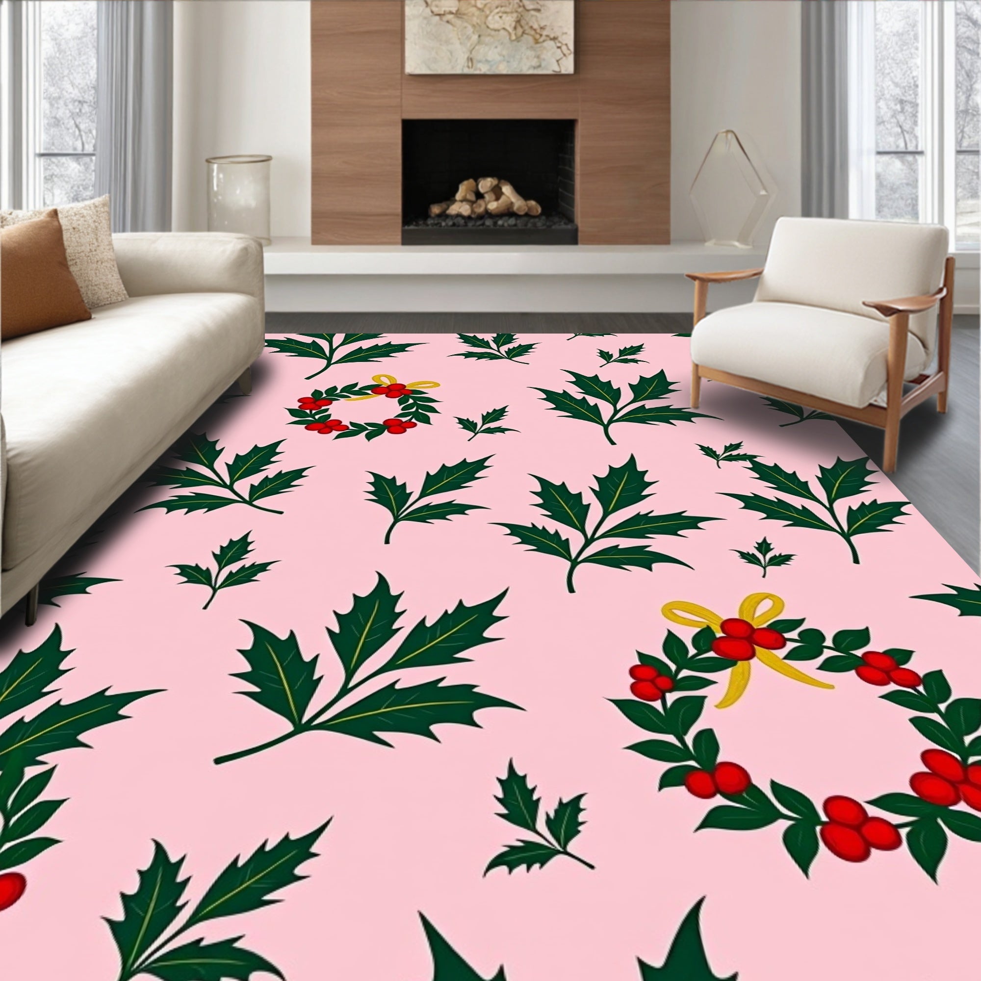 Pink Holly Berry Wreath Garland Rug
