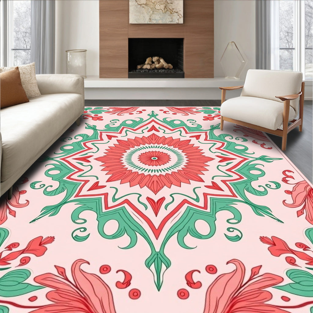 Coral and Mint Floral Mandala Design Rug