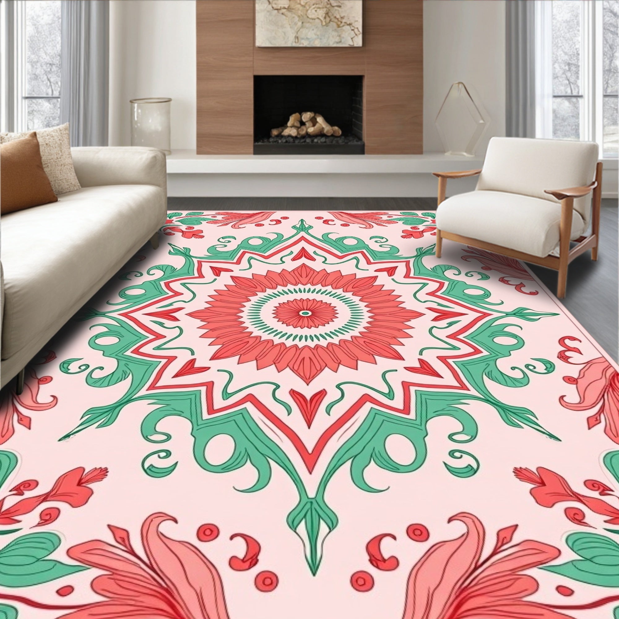Coral and Mint Floral Mandala Design Rug
