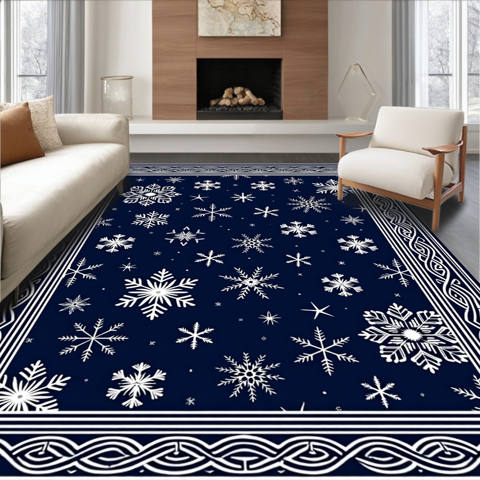 Deep Blue Snowflake Border Rug
