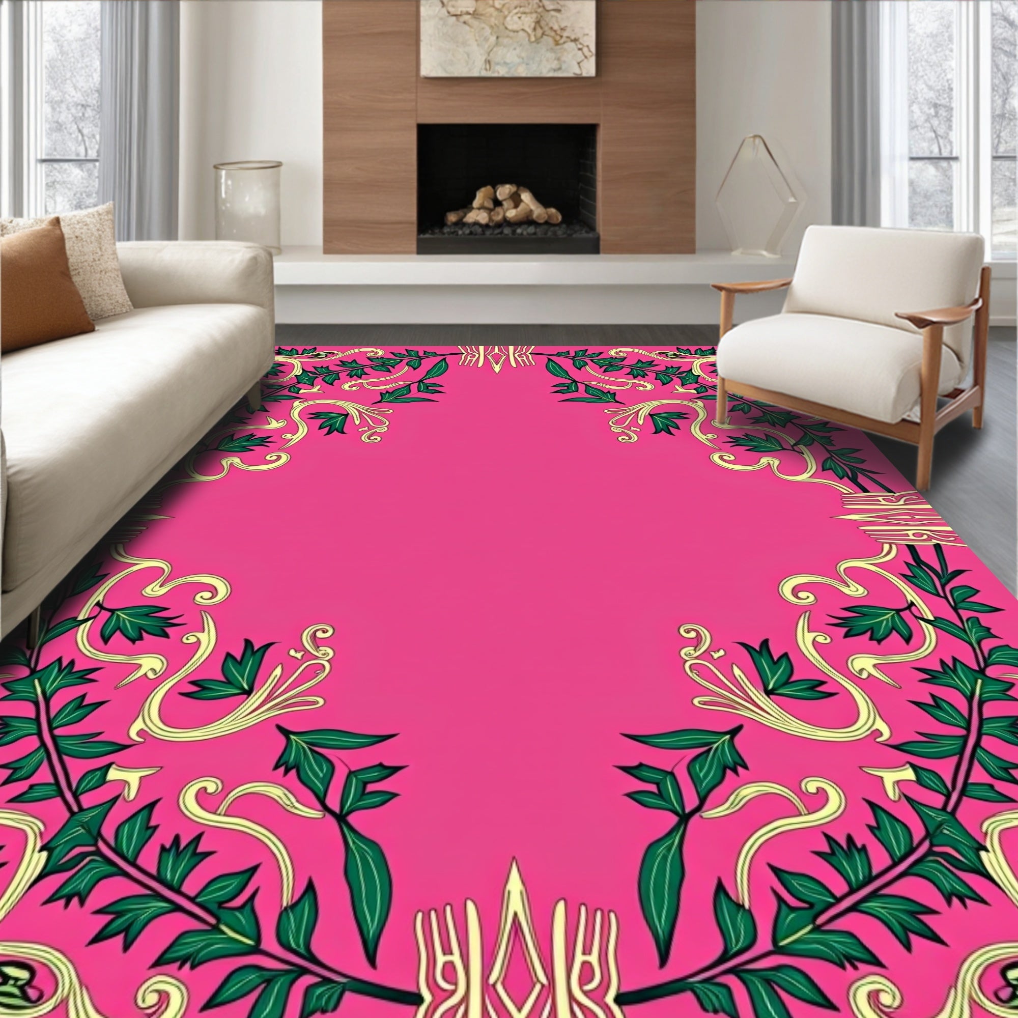 Vibrant Pink Green Floral Vine Border Rug
