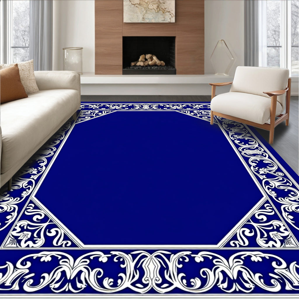 Elegant Blue White Floral Scroll Frame Rug