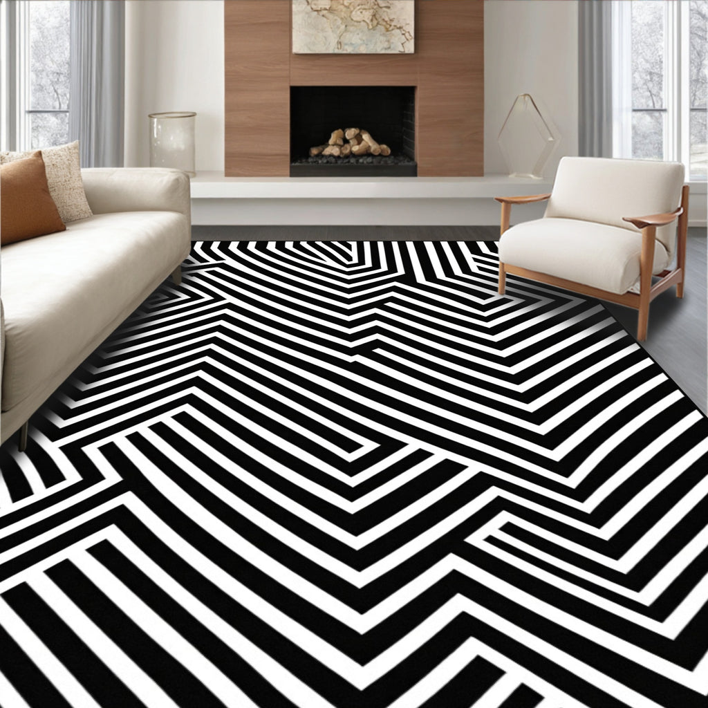 Modern Black White Abstract Stripe Rug
