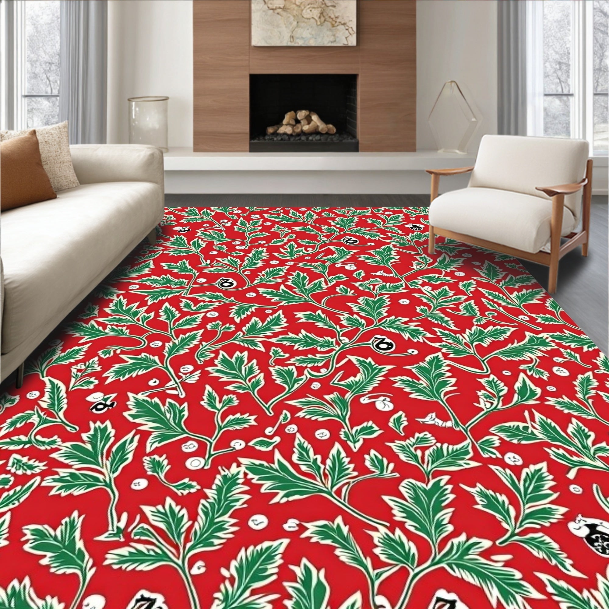 Vibrant Red Green Leafy Floral Pattern Rug