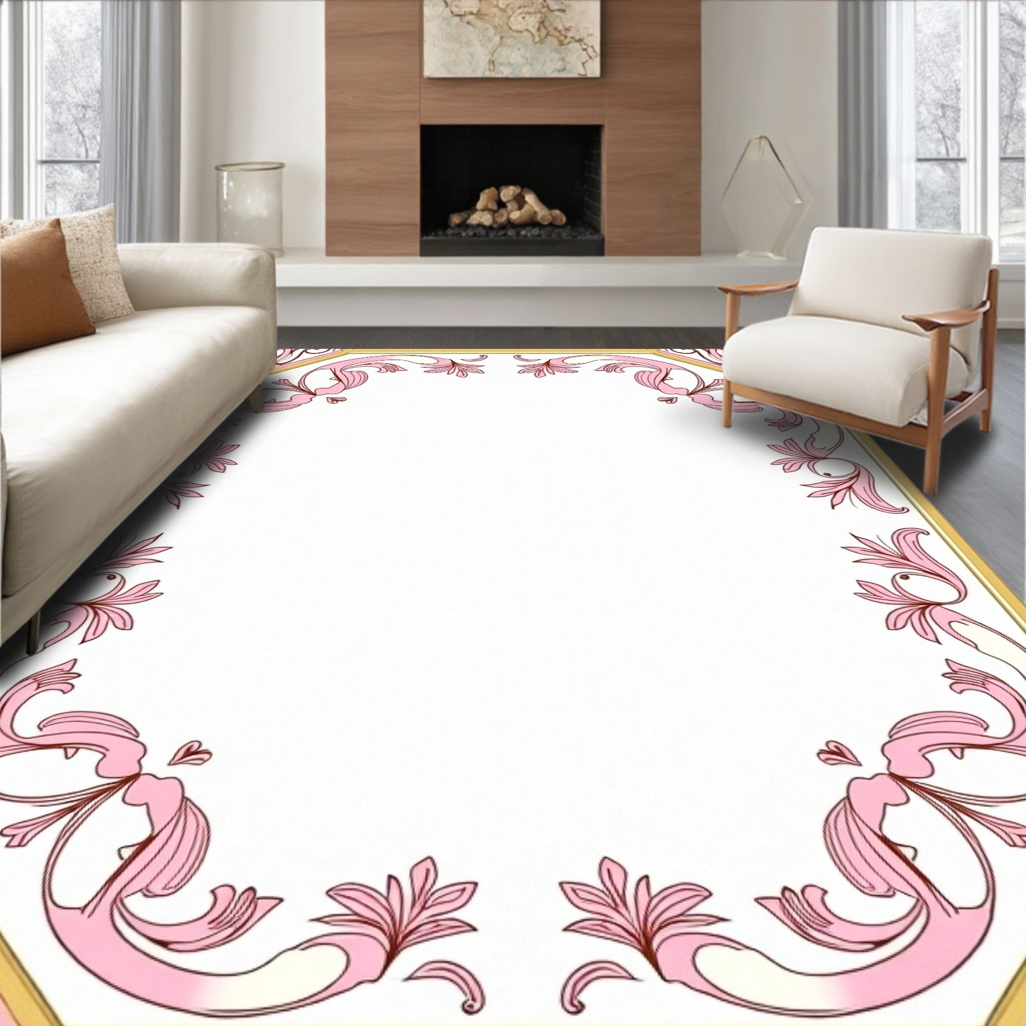 Ornate Pink Gold Floral Design Rug