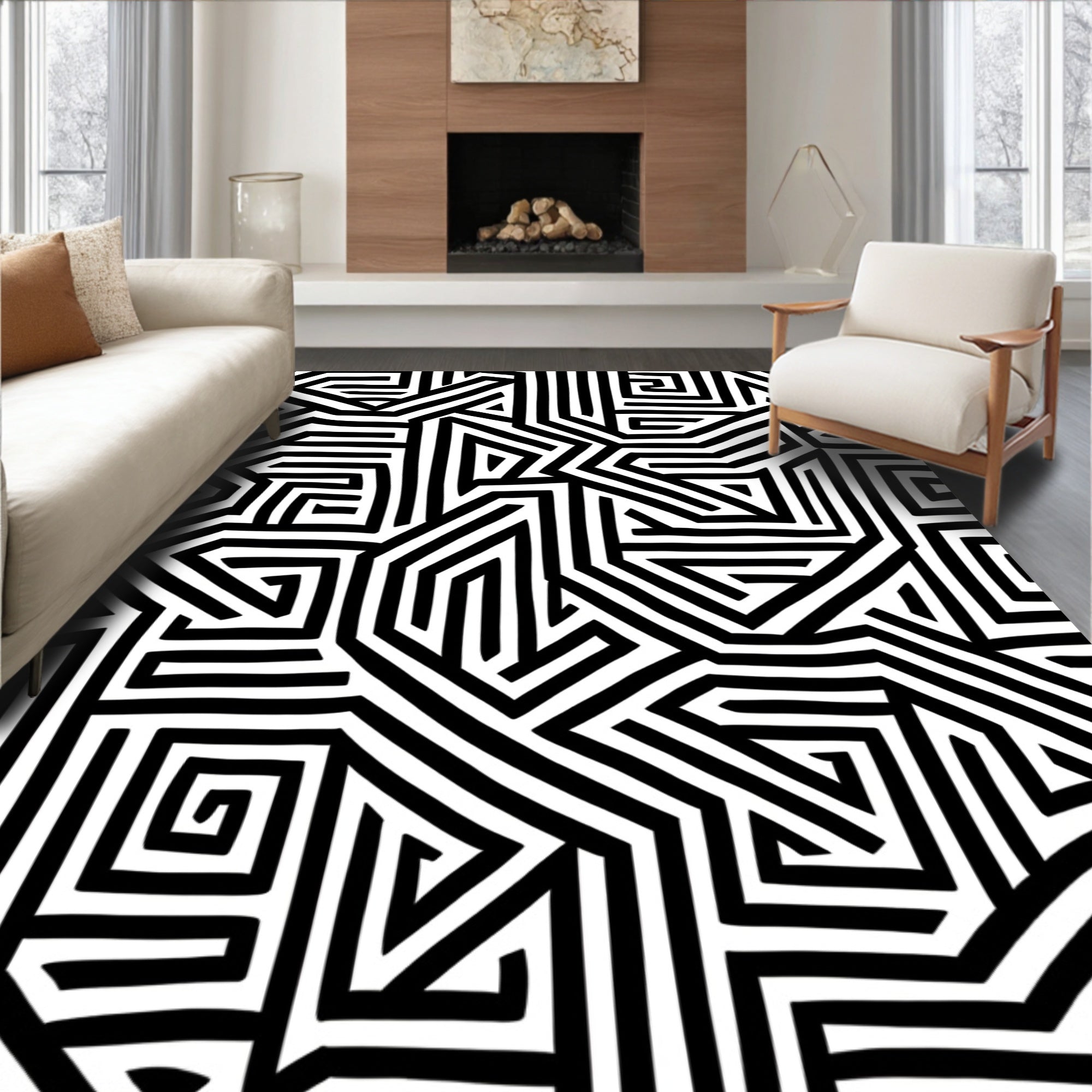 Monochrome Geometric Labyrinth Pattern Rug