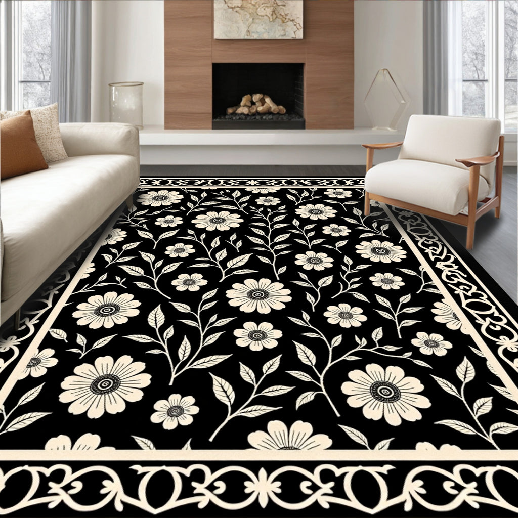 Black Cream Floral Vine Border Rug