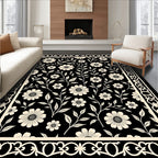 Black Cream Floral Vine Border Rug