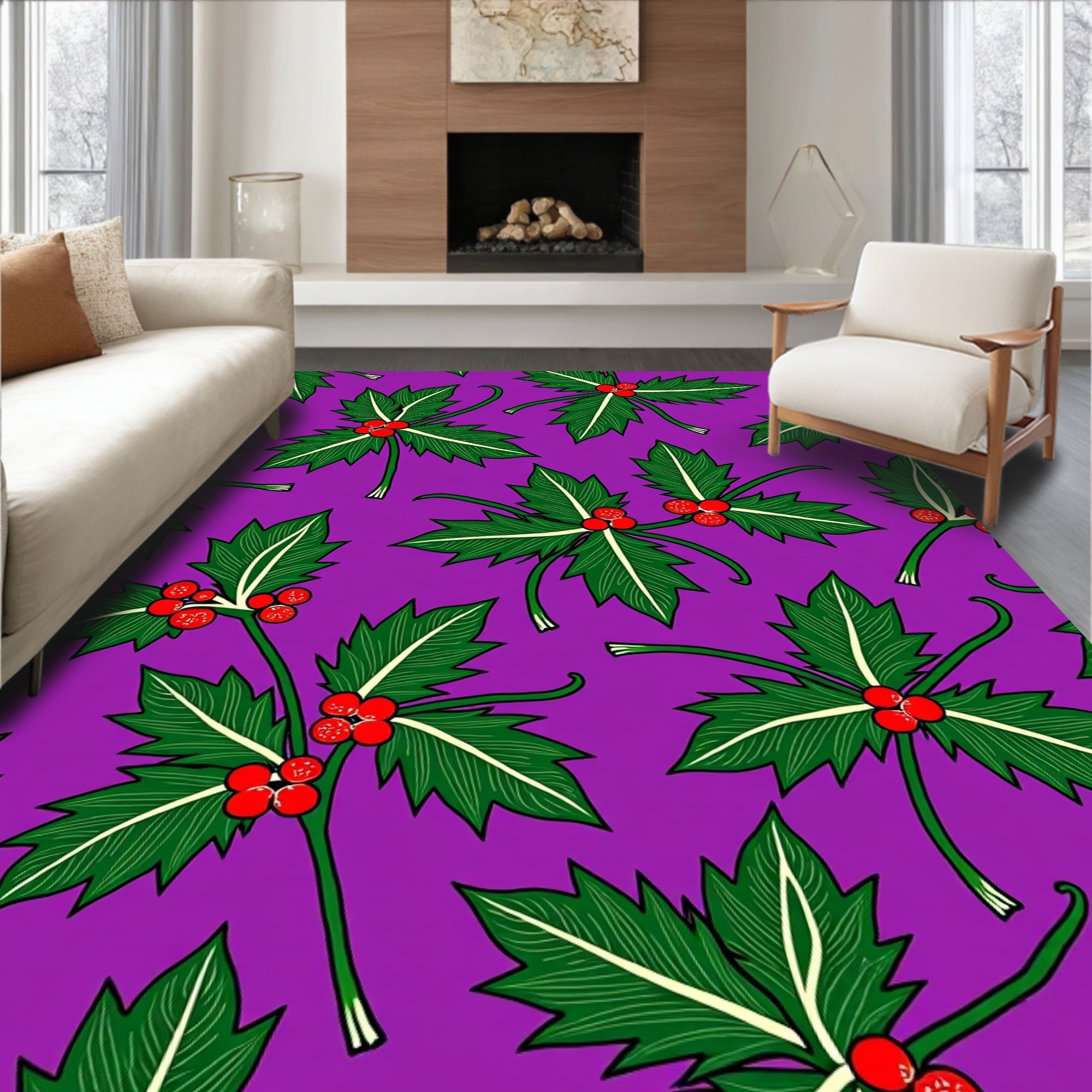 Festive Holly Berry Green Pattern Rug