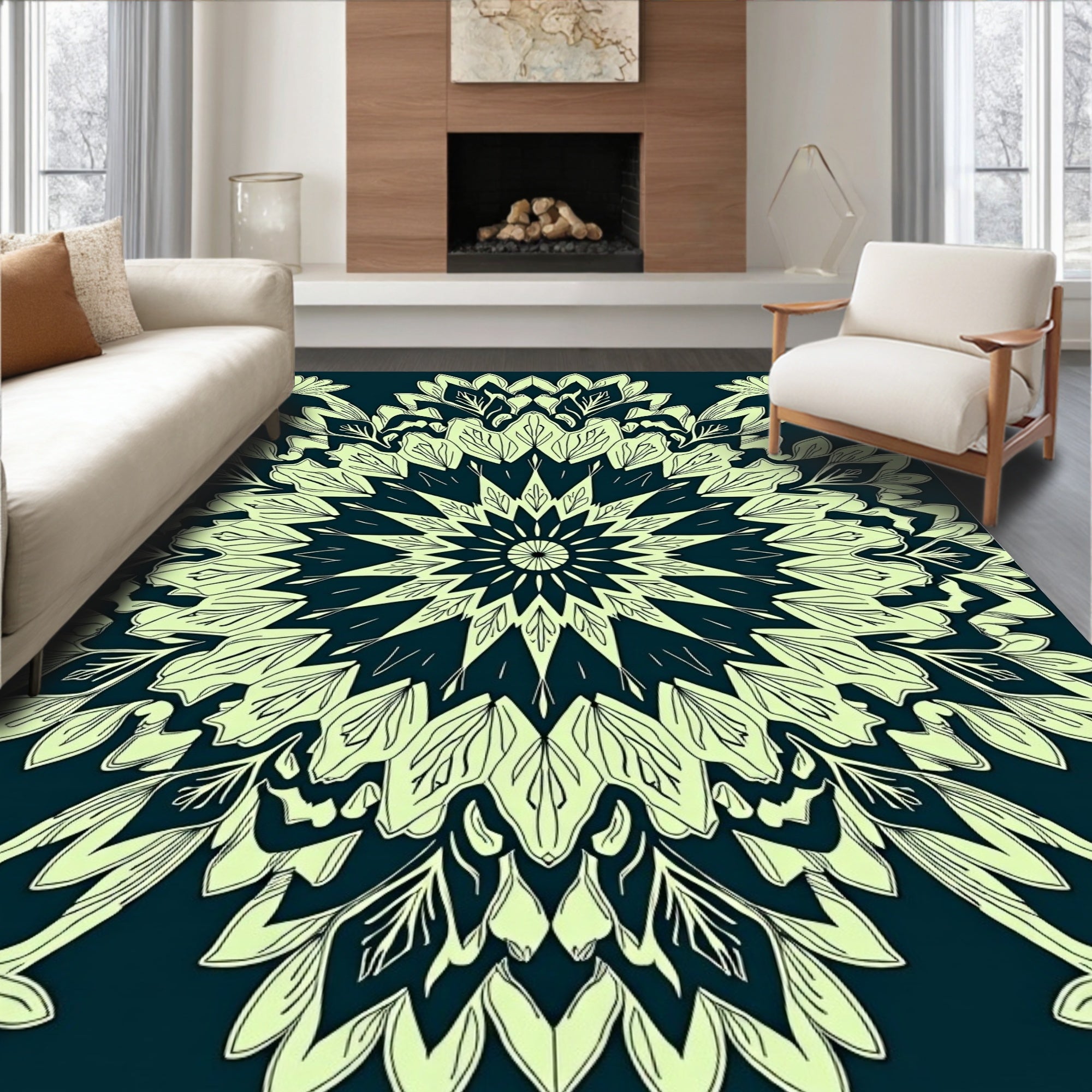 Floral Mandala Design With Leaf Motifs Rug