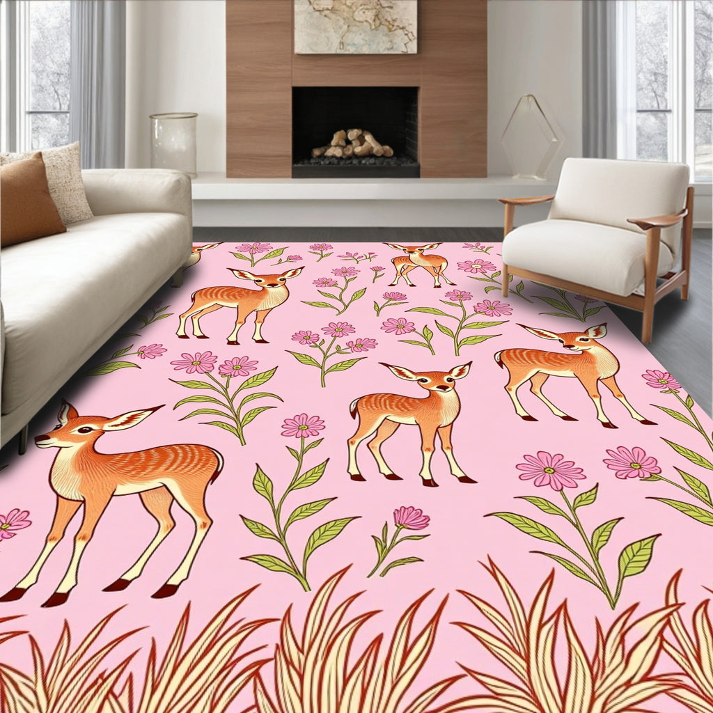 Whimsical Deer and Floral Pattern Rug