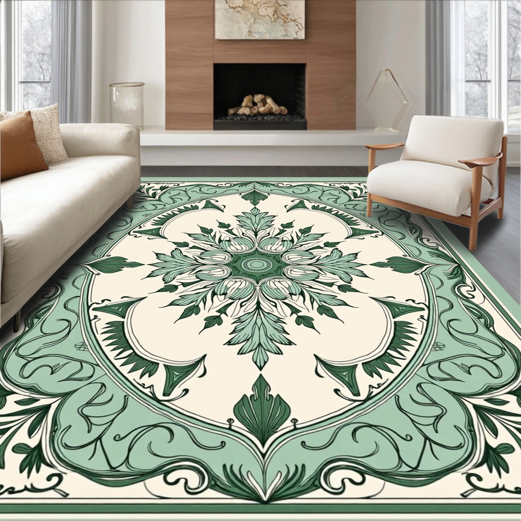Elegant Green Floral Medallion Pattern Rug